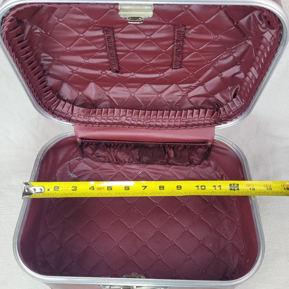 Vintage Burgundy Faux Leather Train Case Vanity Makeup Box Mid Century Travel